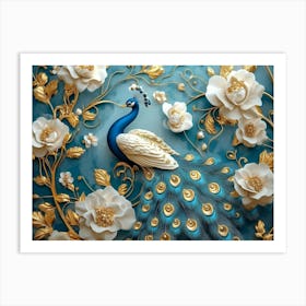 3d Peacock Illustration Background With Golden Jewelry And Flowers 4 Art Print