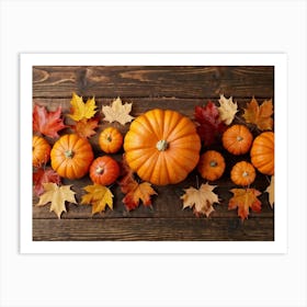 Autumn Themed Table Decoration Scattered Maple Leaves In Warm Shades Intermixed With Small Pumpkin (5) Art Print