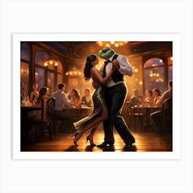 Argentine Tango Dance Male And Female Frogs Embracing And Moving Gracefully On A Polished Wooden Fl 1 Art Print