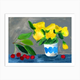 Yellow Flowers And Cherries - still life yellow red blue Art Print