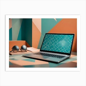 A Modern Laptop And Sunglasses On A Stylized Surface, With Geometric Shapes And Lighting Art Print