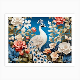 Peacock And Roses Art Print