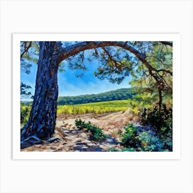 Under the Vineyard Shade. A tranquil scene of a vineyard stretching across sunlit hills, framed by the sprawling branches of a sturdy tree, evoking serenity and natural beauty. Art Print