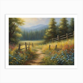 Sun Kissed Meadow Embraced By A Majestic Forest Art Print