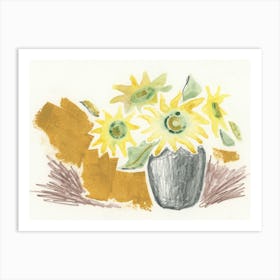 Yellow Sunflowers In Gray Vase - floral still life minimal contemporary light hand painted Art Print