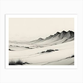 A Black And White Illustration Of A Mountainous Landscape Art Print