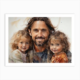 Jesus with little children - watercolor painting. Art Print