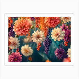 Artistic and Bright 3d Illustration Background of Hanging Flower Branches with Vivid Colors Art Print