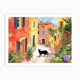 Marseille, France   Cat In Street Art Watercolour Painting 3 Art Print