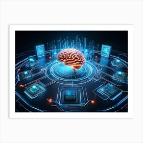 Abstract Cyber Concept Art Featuring A Human Brain At The Center Of Innovation Connected With Futur (6) Art Print