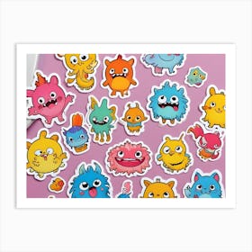 Collection Of Cute, Colorful, Cartoon Monsters On A Pink Background Art Print