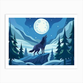 Wolf Howling At The Moon In A Winter Landscape Art Print