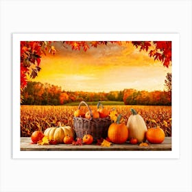 Autumnal Farm Landscape Pumpkins And Cornstalks Surround A Rustic Wooden Basket Filled With Apples 2 1 Art Print