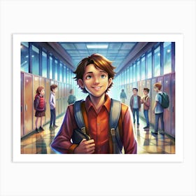 High School Student Walking Past Lockers With Friends Art Print