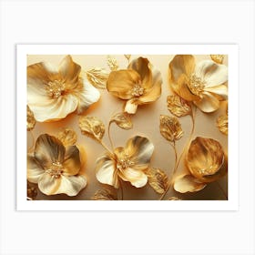 Golden Floral Background, Gold Flowers, 4k Abstract Vintage Flower Design, Art, Gold Luxury, Luxurious Nature Art Print