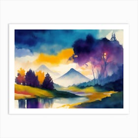 landscape with a mill, trees, river and mountains Art Print