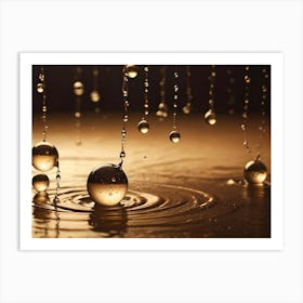 Close Up Of Golden Water Drops Splashing And Creating Ripples On A Reflective Surface, Highlighting The Beauty Of Fluid Dynamics Art Print