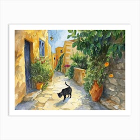 Paphos, Cyprus   Cat In Street Art Watercolour Painting 1 Art Print