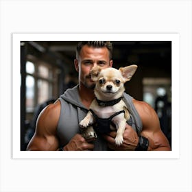 Bodybuilder holding cute Chihuahua dog 2 Art Print