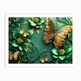 3D Gold Butterflies On A Green Background Art Print