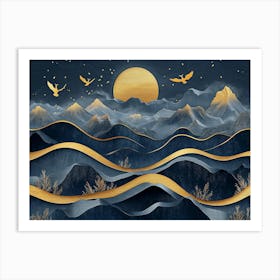 3d Golden Blue and Golden Wave Mountains at Night Art Print