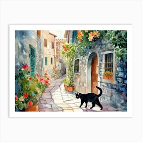 Sibenik, Croatia   Cat In Street Art Watercolour Painting 1 Art Print