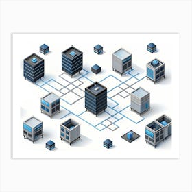 Isometric View Of A Network Of Buildings With Blue Connecting Lines, Representing A Data Center Or A Digital Infrastructure Art Print