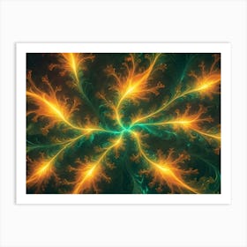 An Abstract Fractal Image Featuring Swirling, Glowing Lines And Shapes In Shades Of Green And Yellow On A Dark Background Art Print