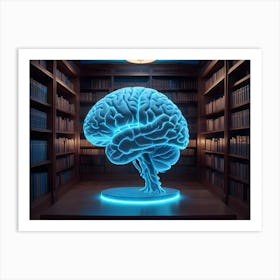 A Glowing, Blue Brain Model, Displayed On A Pedestal In A Dimly Lit Library With Wooden Bookshelves Filled With Books Art Print