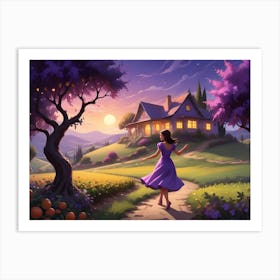 Woman Walking Toward A House On A Hillside With A Book Opening Behind Her 2 Art Print