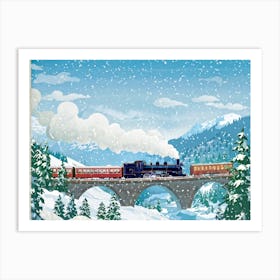 Vintage Winter Travel Poster Themed Digital Painting Featuring A Steam Train Its Chimney Releasing Art Print