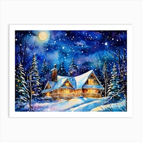 Snow Covered Winter World Sparkling Under Moonlight House On The Forest Edge Adorned With Twinklin Art Print