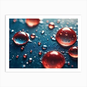 Close Up Macro Shot Of Red Water Droplets On A Dark Blue Surface Art Print