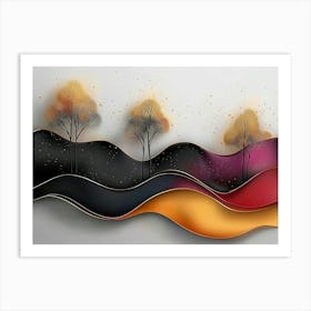 3d Colorful Trees Golden Lines Landscape Art Print