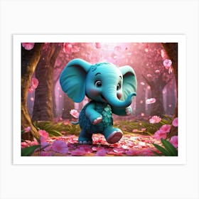 Round Turquoise Baby Elephant Animated Surrounded By Towering Pink Flowers In A Lush Forest Textu Art Print