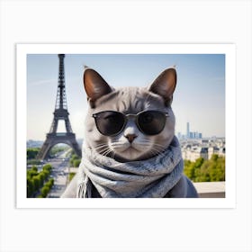 Cool Cat Wearing Sunglasses And Scarf With The Eiffel Tower In The Background 1 Art Print