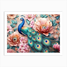 Peacock And Flowers 2 Art Print