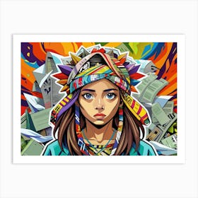 Young Woman With Colorful Headscarf And Surrounded By Papers Art Print