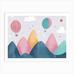 Hand Drawn Childish Art with Mountains And Balloons Póster