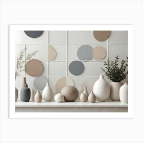 A Collection Of Ceramic Vases In Various Shapes And Sizes, Arranged On A White Surface With A Geometric Background, Showcasing Minimalist Interior Design Art Print