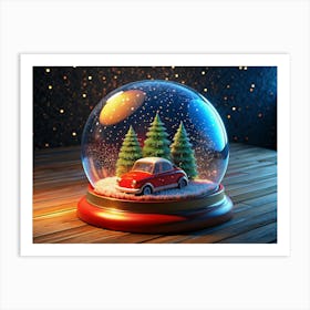 Snow Globe With A Red Car And Christmas Trees Art Print