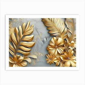 Gold Floral Plants and Palm Leaves with 3d Tropical Leaves and Banana Leaves Art Print