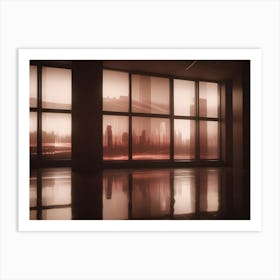 An Empty Room With Large Windows Showing A City Skyline At Dusk, With A Red Hue And Digital Glitch Effects Art Print