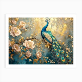 Exquisite Vintage Inspired Artistic Peacocks and Gold Accents Art Print