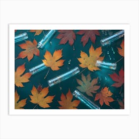 Autumn Leaves And Cosmetic Tubes On A Blue Background Art Print