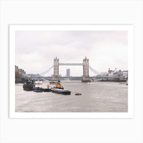 London, England I Grey panoramic skyline view photography of the famous Tower Bridge and the River Thames to the Victorian architecture and British charm of an urban city landscape under rainy weather Art Print