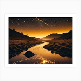 A Meandering River Flows Through A Grassy Valley Towards Distant Mountains Under A Brilliant Night Sky Filled With Shooting Stars Art Print