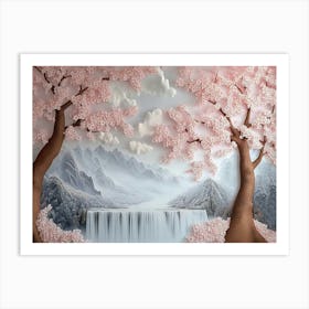 3d Luxury Artwork With A Golden Japanese Landscape And Cherry Blossoms, Sakura , White Waterfall 1 Affiche