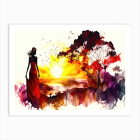 Stunning Sunset - Woman In Red Dress At Sunset Art Print