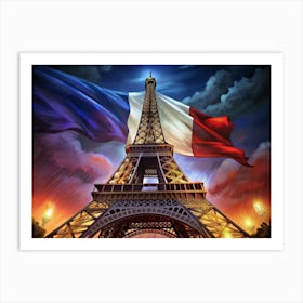 Eiffel Tower With French Flag In The Night Sky Art Print